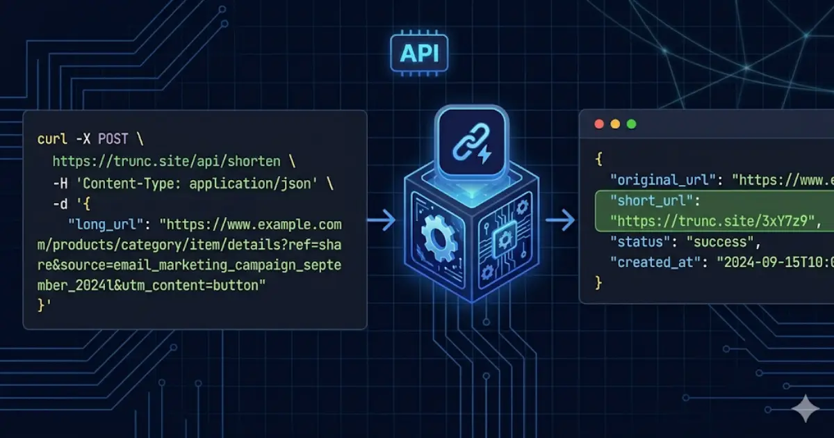 Code editor showing URL shortener API request and response with JSON output